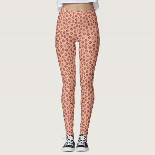 Peach and Black Mandela Pattern Leggings (Vorderseite)