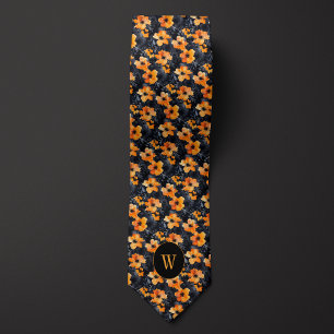 Peach and Black Wassercolor Floral Monogram Krawatte