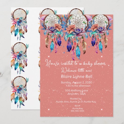 Peach and Blue Dreamcatcher Girl Baby Dusche Einladung (Vorne/Hinten)