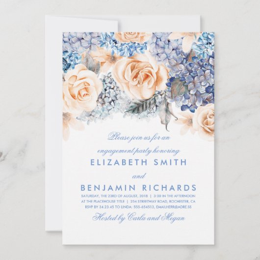 Peach and Blue Floral Watercolor Engagement Party Einladung (Vorderseite)