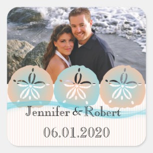 Peach and Blue Sand Dollars Beach Hochzeit Quadratischer Aufkleber