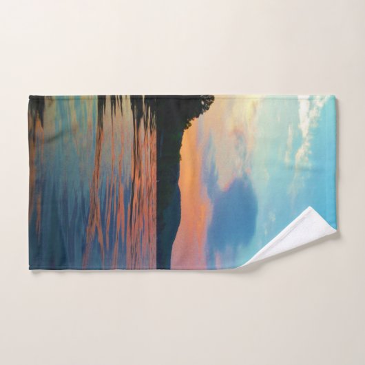 Peach and Blue Sunset Lake Beach Nature Foto Badhandtuch Set (Handtuch)