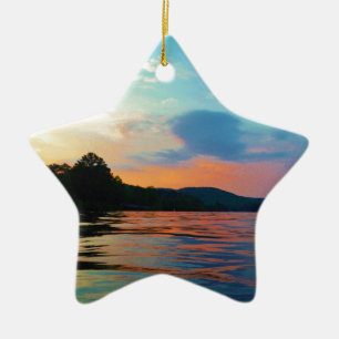 Peach and Blue Sunset on Mountain Lake Keramik Ornament