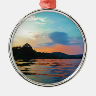 Peach and Blue Sunset on Mountain Lake Ornament Aus Metall