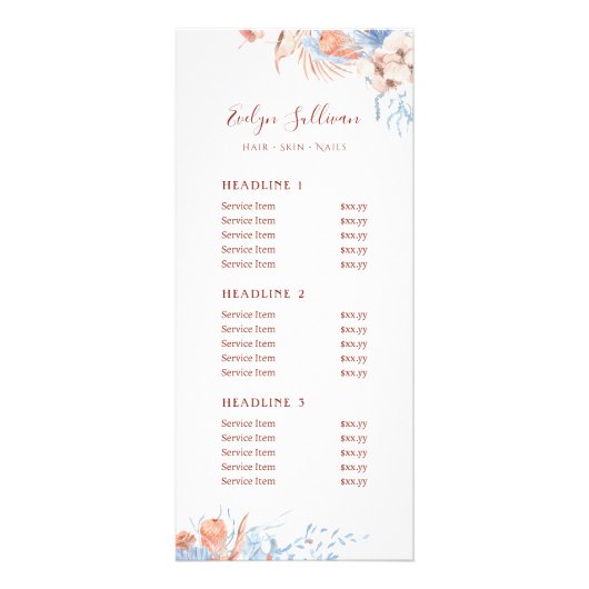 Peach and blue tropic price list rack card werbekarte (Vorne)