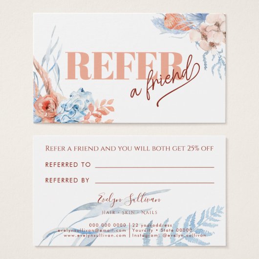Peach and blue tropical referenzial card (Vorne & Hinten)