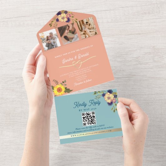 Peach and Blue Weditation with Sunflowers All In One Einladung (Abreißen)