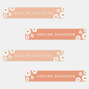 Peach and Blush Pink Daisy Waterproof Kids Name Etiketten