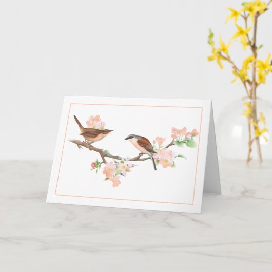 Peach and Brown Birds on a Appleblossom Branch Karte (Gelbe Blume)