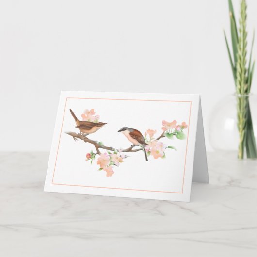 Peach and Brown Birds on a Appleblossom Branch Karte (Vorderseite)