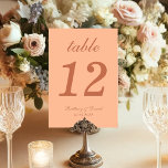 Peach and Brown Wedding Calligraphy Simple Script Tischnummer<br><div class="desc">Eine einfache Hochzeitsfeier für ein Pfirsich- und Terracotta Hochzeitskur-Tischnummer. Es ist nur Terracotta brauner Text auf einem pfirsichfarbenen Hintergrund. Alles außer der Zahl selbst ist in einem eleganten kalligrafischen Skript geschrieben.</div>