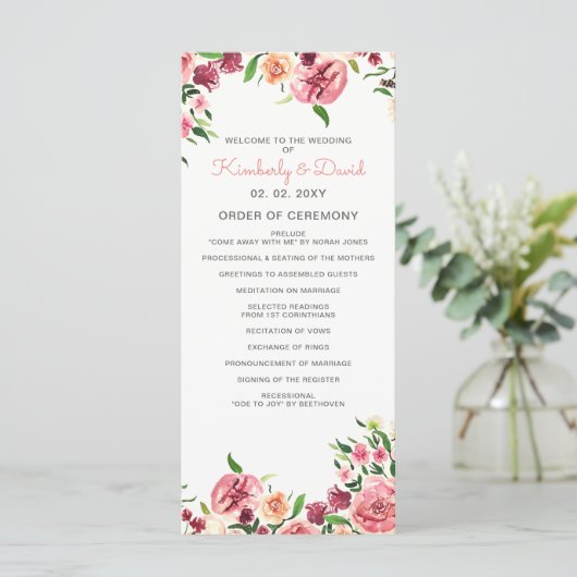 Peach and Coral Blume Blumenhochzeiten Programm (Stehend Vorderseite)