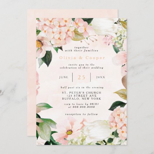 Peach and Cream Hydrangeas Tulip Chic Wedding Einladung (Vorne/Hinten)