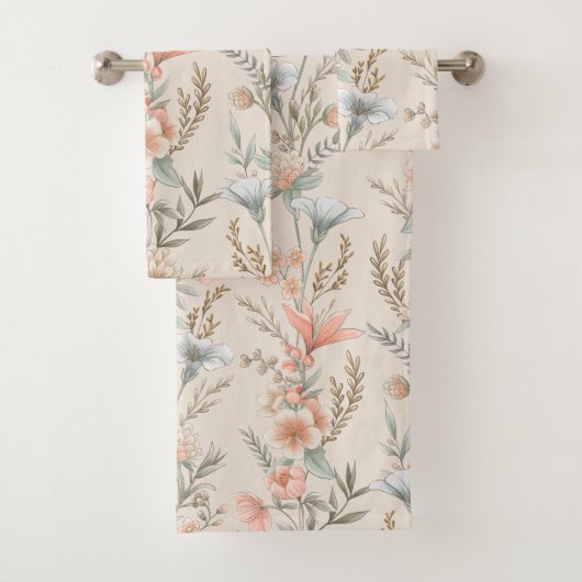Peach and Dusty Blue Floral Garland Badhandtuch Set (Insitu)