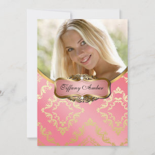 Peach and Gold Damask Foto Einladung