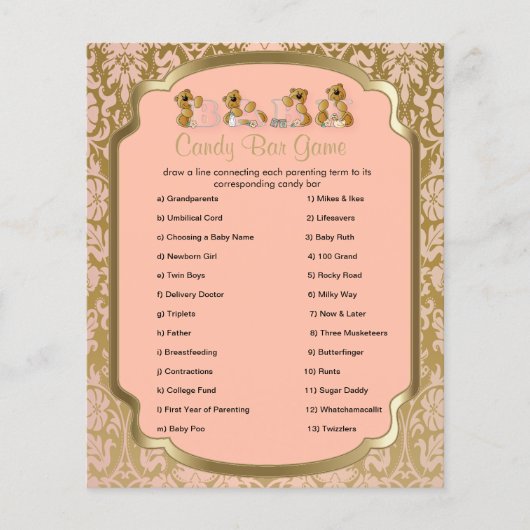 Peach and Gold Damask Teddy Bears- Candy Bar Flyer (Vorne)