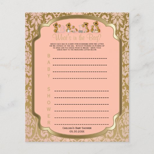 Peach and Gold Damask Teddy Bears - Spiel Flyer (Vorne)