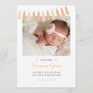 Peach and Gold Glitzer Tassel Geburtshinweise Ankündigung