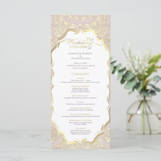 Peach and Gold Monogram Wedding Program Programm (Stehend Vorderseite)