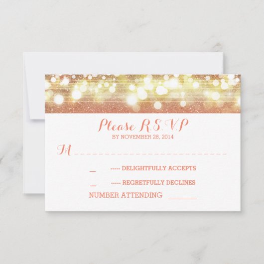 peach and gold string lights Glitzer Hochzeit RSVP (Vorderseite)