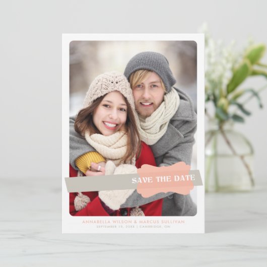 Peach and Gray Modern Save the Date Stripes Foto (Stehend Vorderseite)