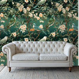 Peach and Green Chinoiserie Style Floral Wallpaper Tapete