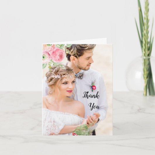 Peach and Green Floral Foto Wedding Vielen Dank Dankeskarte (Vorderseite)