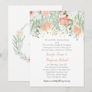 Peach and Green Floral Gold Glitzern Wedding Einladung