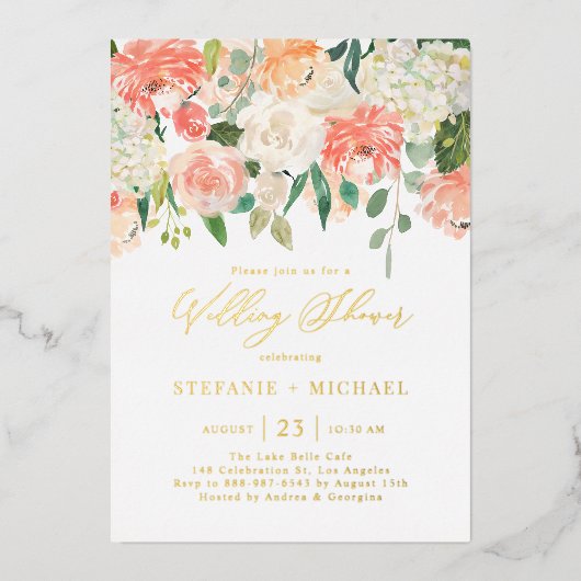 Peach and Ivory Watercolor Blume Polterabend Folieneinladung (Vorderseite)
