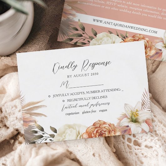 Peach and Lila floral Rustic Wedding RSVP Card Karte