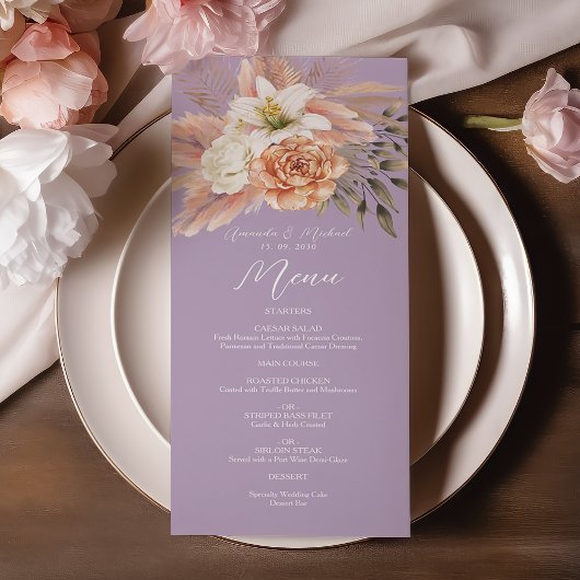 Peach and Lila Floral Wedding Menu Card Menükarte