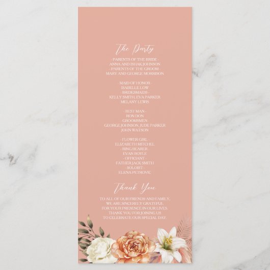 Peach and Lila Floral Wedding Program Card Programm (Rückseite)