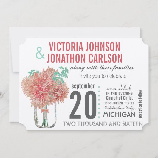 Peach and Mint Chrysanthemum Mason Jar Wedding Einladung (Vorderseite)