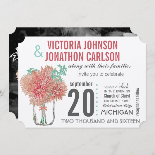 Peach and Mint Chrysanthemum Mason Jar Wedding Einladung (Vorne/Hinten)