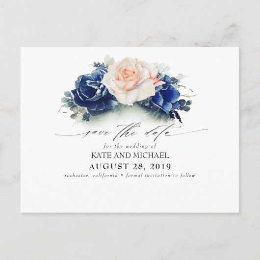 Peach and Navy Blue Floral Boho Save the Date Postkarte (Vorderseite)