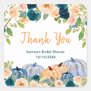 Peach and Navy Blue Pumpkins Baby Dusche Vielen Da Quadratischer Aufkleber