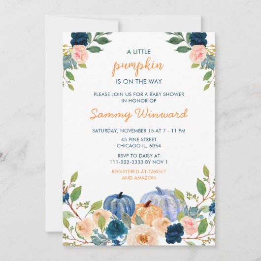 Peach and Navy Blue Pumpkins Baby Shower Einladung (Vorderseite)