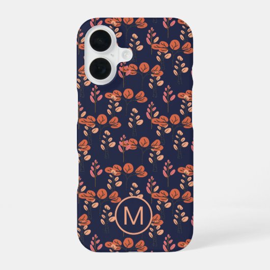Peach and Navy Modern Floral Pattern Monogram iPhone 16 Hülle (Rückseite)