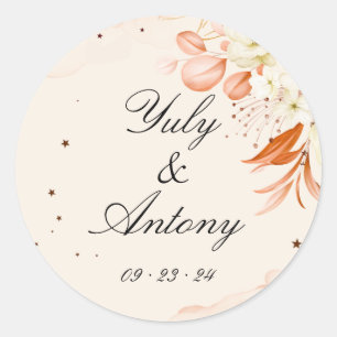 Peach and Orange Modern Wedding Round Stickers Set