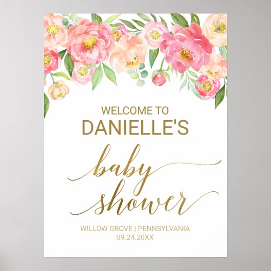 Peach and Pink Peony 18x24" Babydusche Willkommen Poster (Vorne)