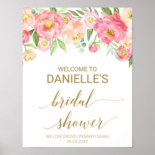 Peach and Pink Peony Blume Brautparty Willkommen Poster (Vorne)