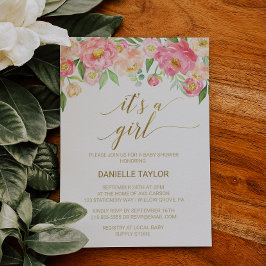 Peach and Pink Peony Blume Es ist ein Mädchen Einladung