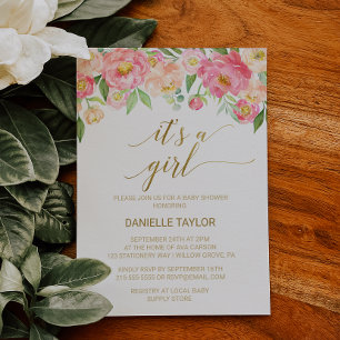 Peach and Pink Peony Blume Es ist ein Mädchen Einladung