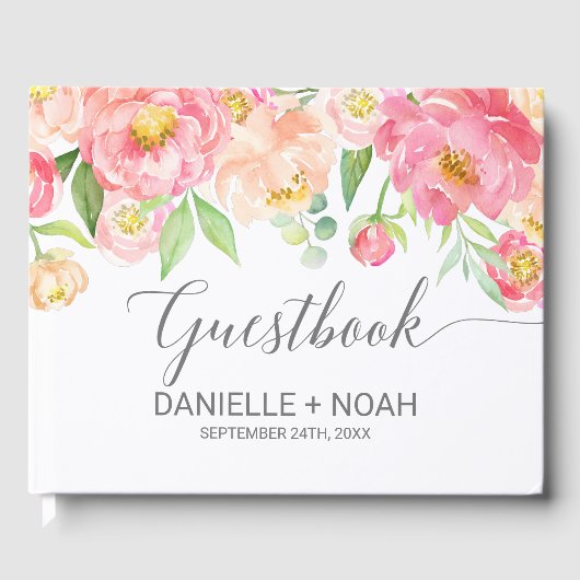 Peach and Pink Peony Blume Gray Wedding Gästebuch (Vorderseite)