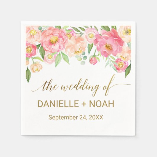 Peach and Pink Peony Blume Hochzeit Serviette (Vorderseite)