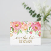 Peach and Pink Peony Blume Hochzeit Speichern Sie Ankündigungspostkarte (Stehend Vorderseite)