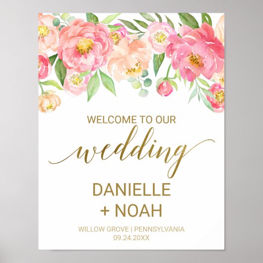 Peach and Pink Peony Blume Hochzeit Willkommen Poster (Vorne)