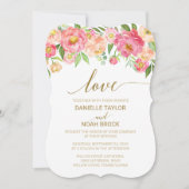 Peach and Pink Peony Blume "Liebe" Hochzeit Einladung (Vorderseite)