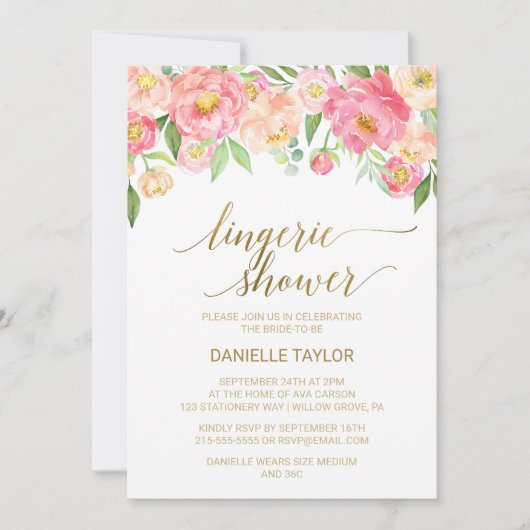 Peach and Pink Peony Blume Lingerie Dusche Einladung (Vorderseite)