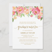 Peach and Pink Peony Blume Quinceanera Einladung (Vorderseite)